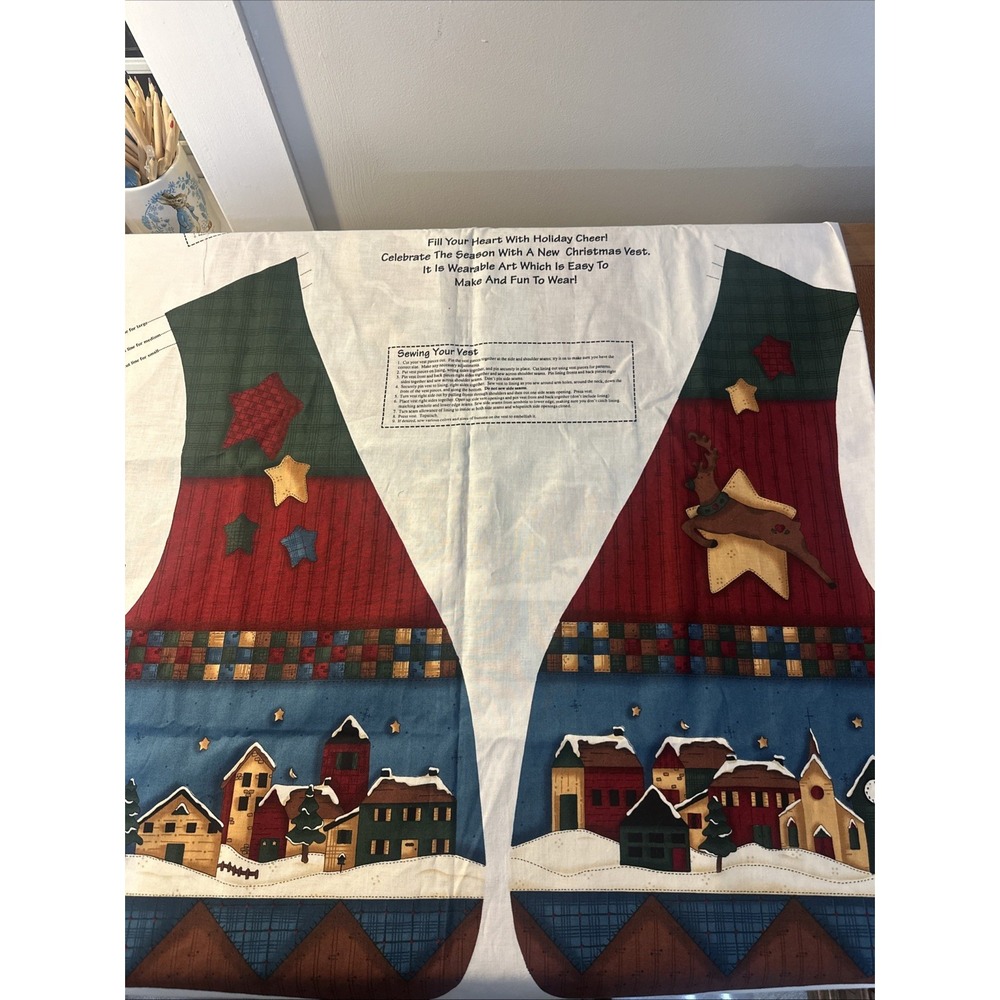 Vintage VIP  Cranston Fabric Panel Christmas Vest 'Tis the Season Santa Village